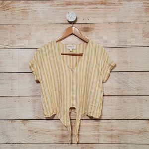 Madewell Yellow Stripe Tie-Front Button Crop Top